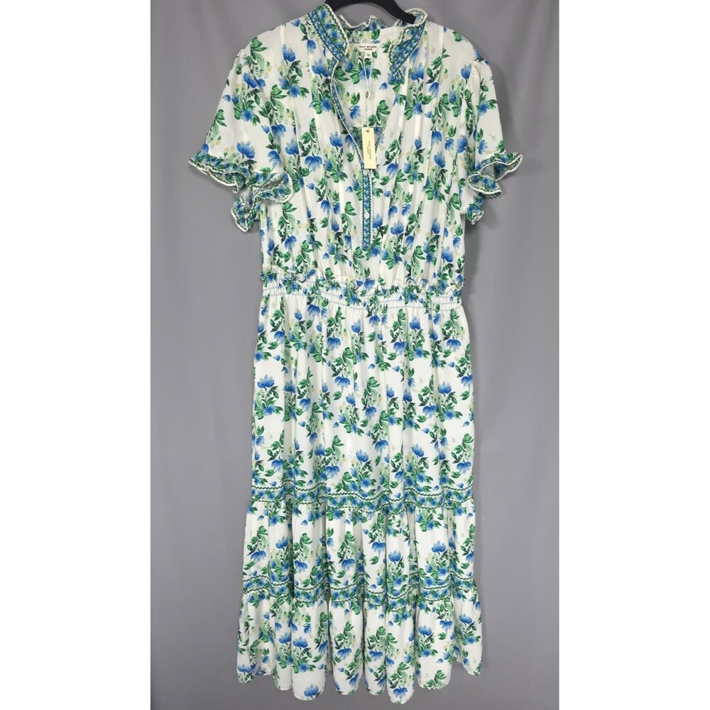 MAX STUDIOS LONDON Women's New 1X Maxi Dress Blue Green Floral Smocked 4W04D56